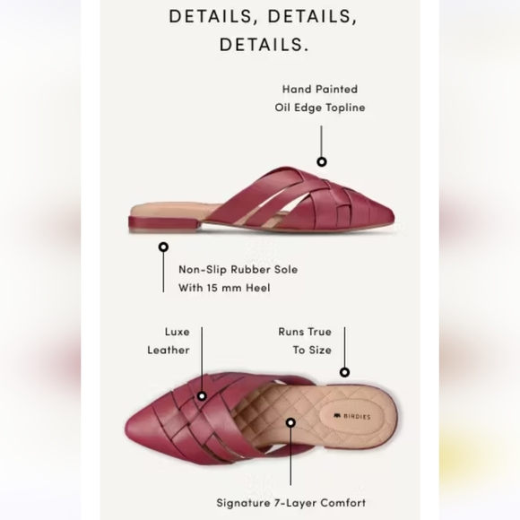 Like New Birdies The Dove in Rhubarb (Dark Red) Crossed Leather Slides / Mules - Picture 4 of 14